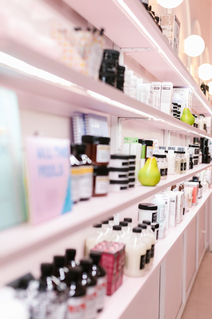 Services A stylish display of various hair care products in a contemporary salon setting.